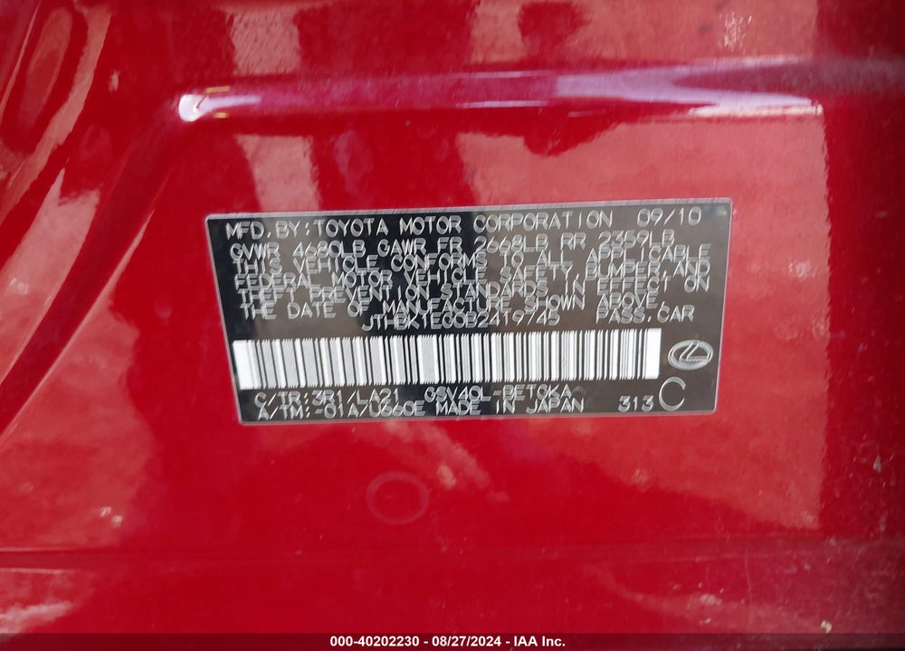 2011 LEXUS ES 350 VIN: JTHBK1EG0B2419745
