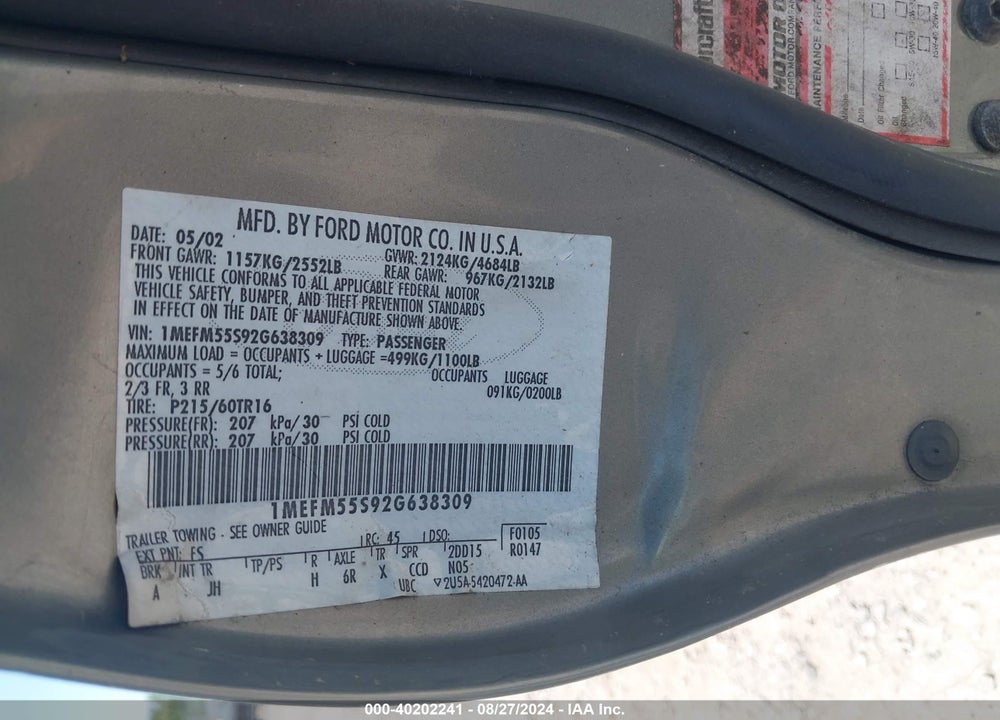 2002 MERCURY SABLE LS PREMIUM VIN: 1MEFM55S92G638309