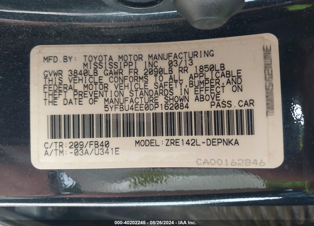 2013 TOYOTA COROLLA LE VIN: 5YFBU4EE0DP162084