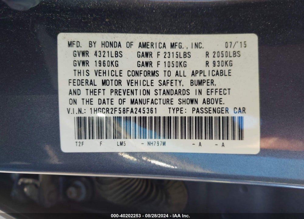 2015 HONDA ACCORD SPORT VIN: 1HGCR2F58FA245361