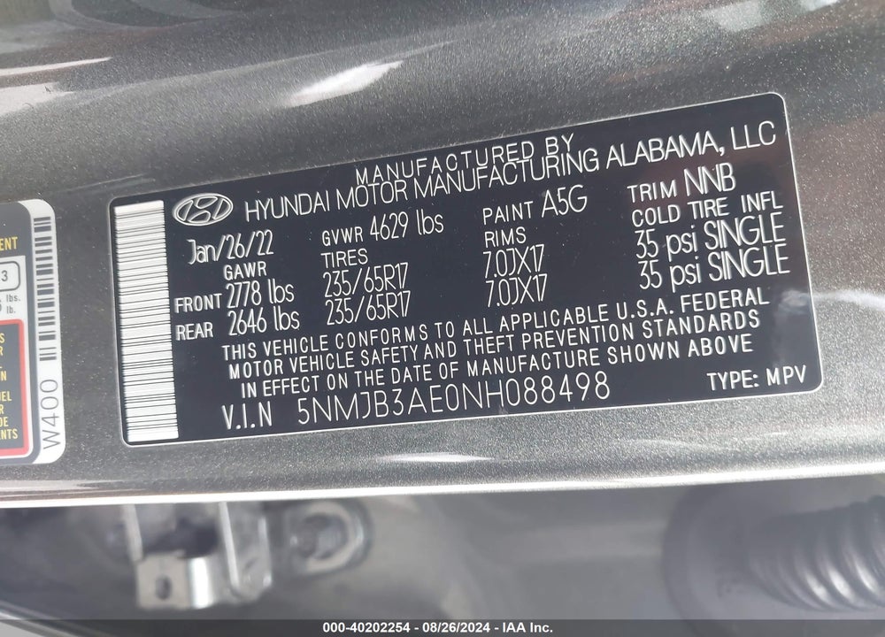 2022 HYUNDAI TUCSON SEL VIN: 5NMJB3AE0NH088498