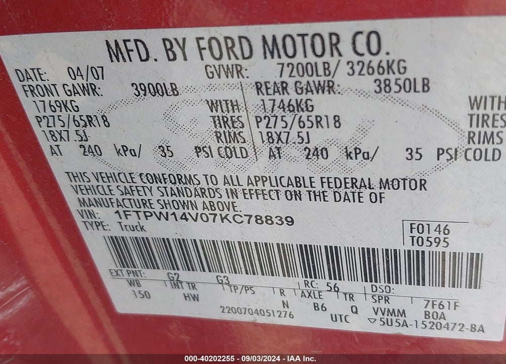 2007 FORD F-150 FX4/LARIAT/XLT VIN: 1FTPW14V07KC78839
