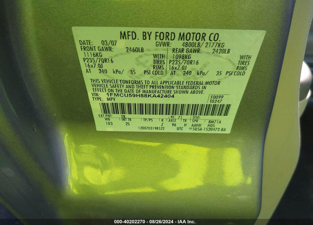 2008 FORD ESCAPE HYBRID VIN: 1FMCU59H88KA42404