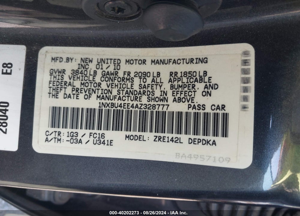2010 TOYOTA COROLLA LE VIN: 1NXBU4EE4AZ328777