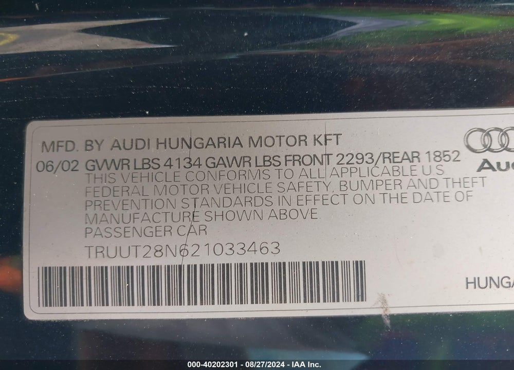 2002 AUDI TT 1.8L VIN: TRUUT28N621033463