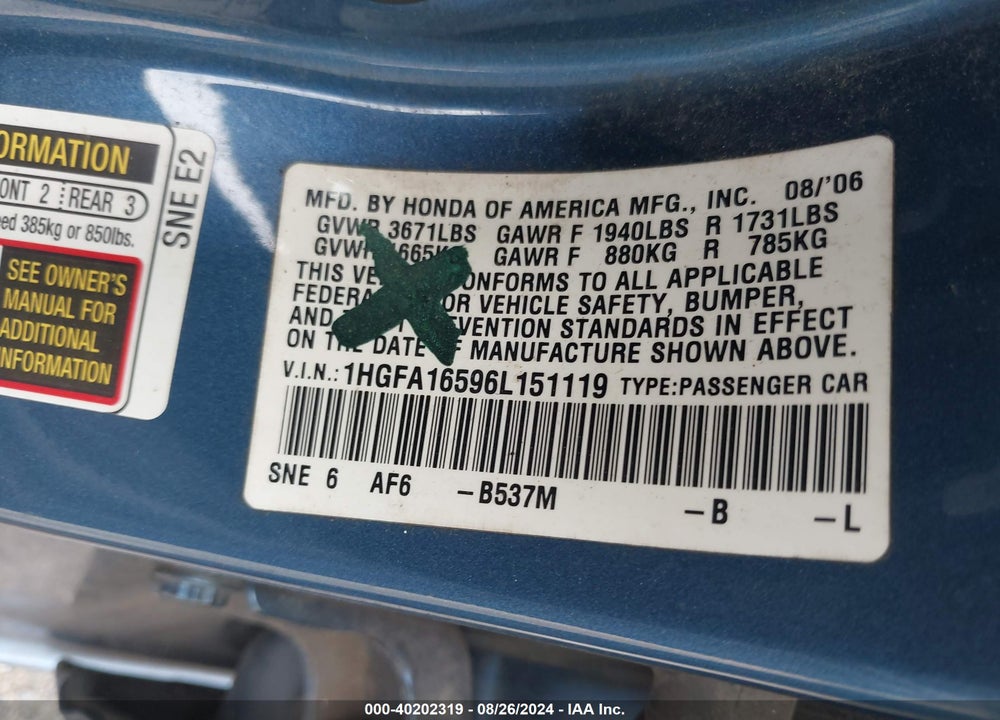 2006 HONDA CIVIC LX VIN: 1HGFA16596L151119