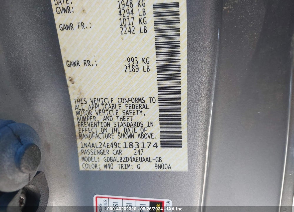 2009 NISSAN ALTIMA 2.5 S VIN: 1N4AL24E49C183174