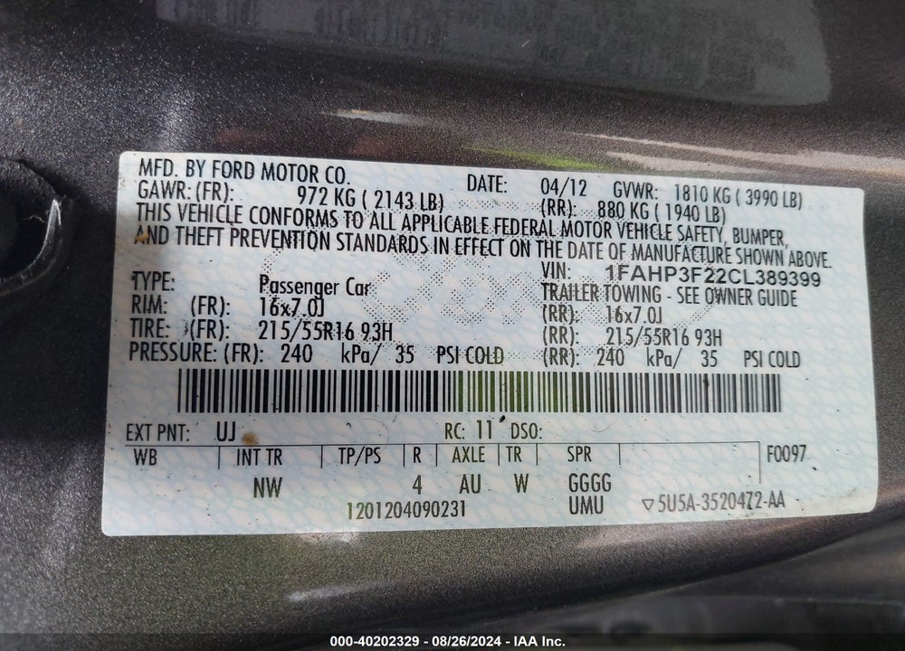 2012 FORD FOCUS VIN: 1FAHP3F22CL389399