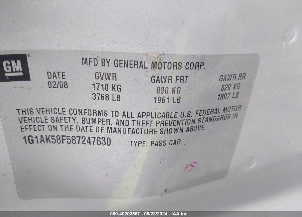 2008 CHEVROLET COBALT LS VIN: 1G1AK58F587247630