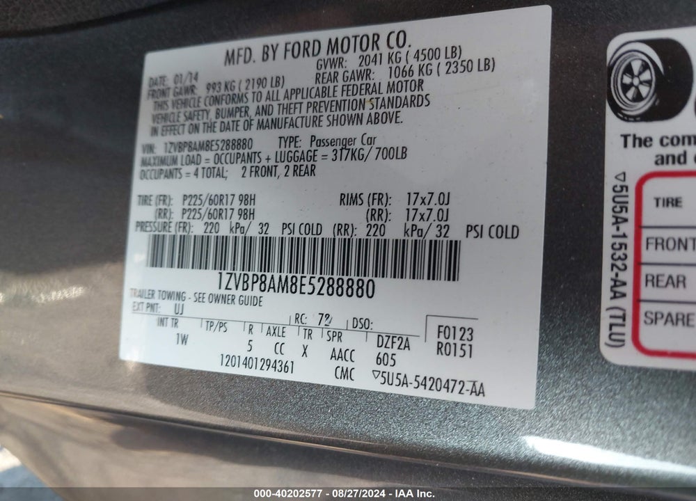 2014 FORD MUSTANG V6 VIN: 1ZVBP8AM8E5288880