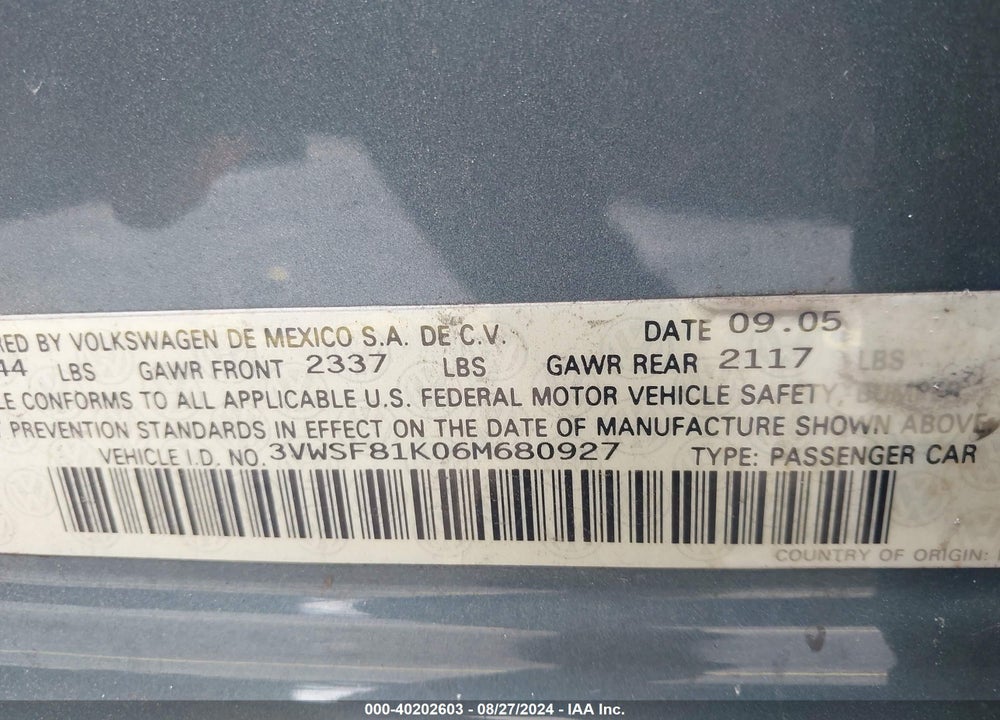 2006 VOLKSWAGEN JETTA 2.5 VIN: 3VWSF81K06M680927