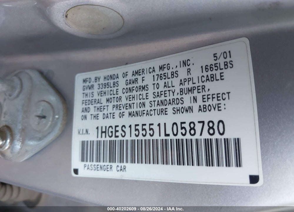 2001 HONDA CIVIC LX VIN: 1HGES15551L058780