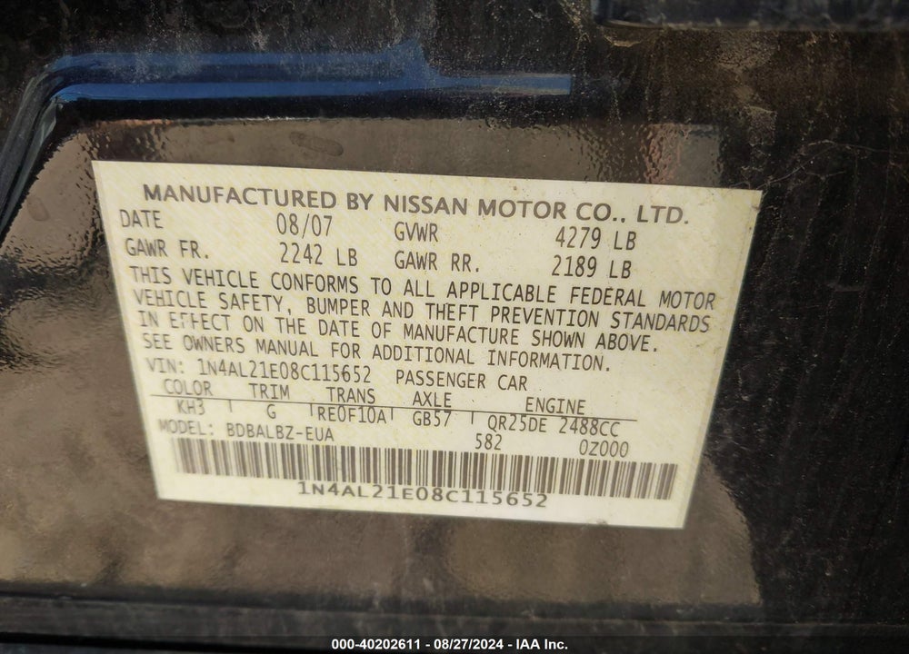 2008 NISSAN ALTIMA 2.5 S VIN: 1N4AL21E08C115652