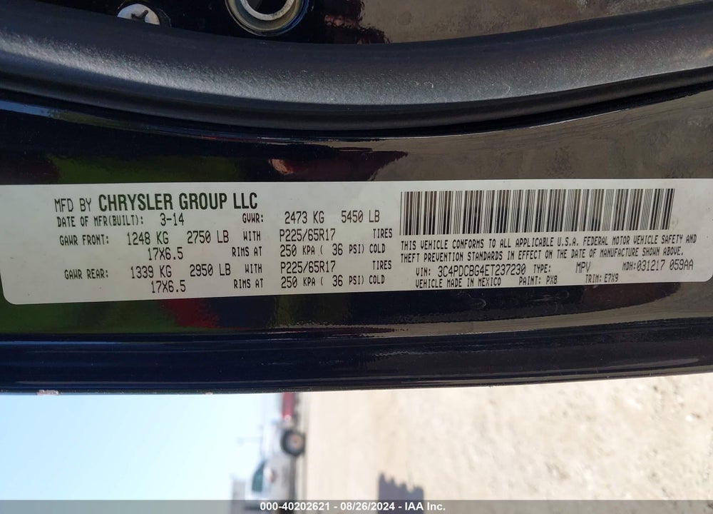 2014 DODGE JOURNEY SXT VIN: 3C4PDCBG4ET237230