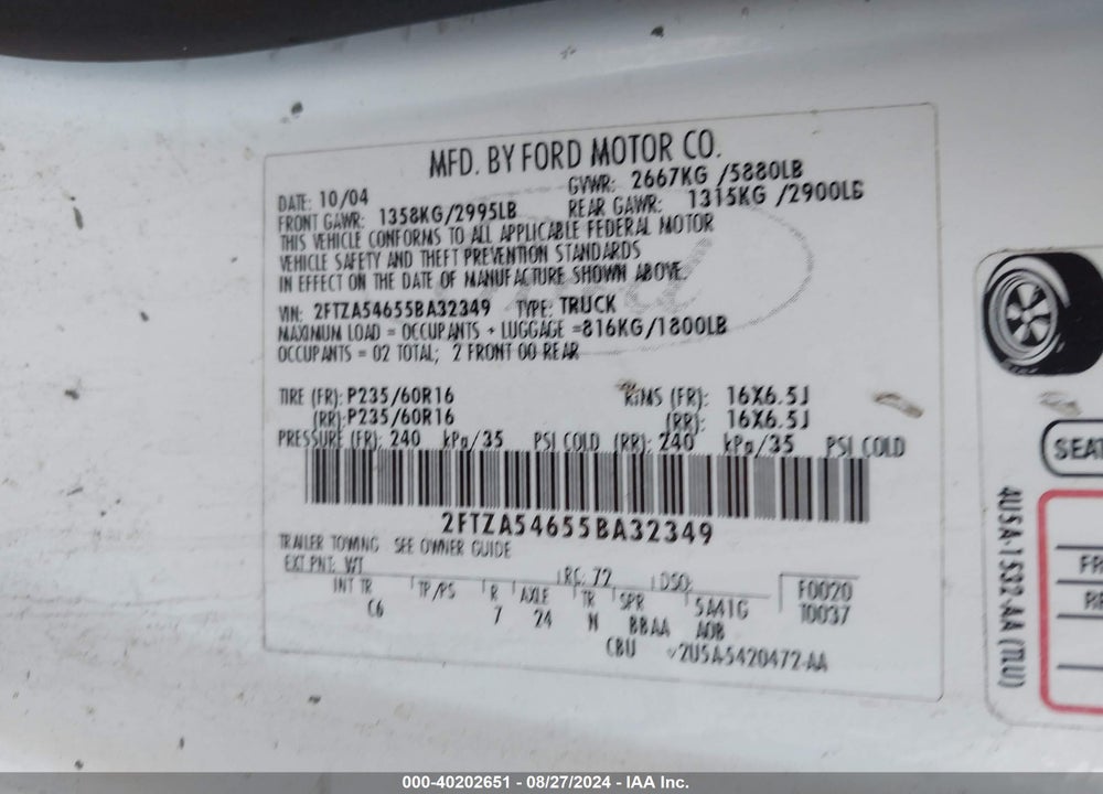 2005 FORD FREESTAR VIN: 2FTZA54655BA32349