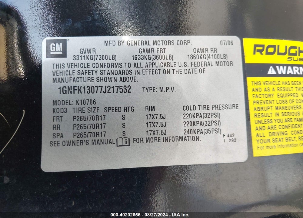 2007 CHEVROLET TAHOE VIN: 1GNFK13077J217532