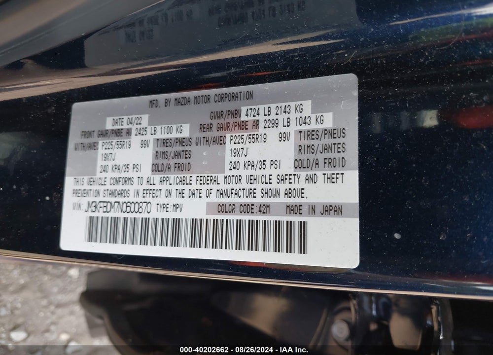 2022 MAZDA CX-5 2.5 S PREMIUM VIN: JM3KFBDM7N0600870