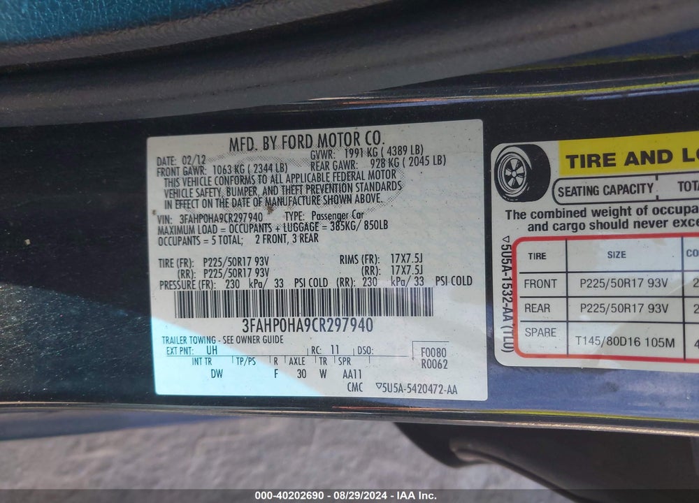2012 FORD FUSION SE VIN: 3FAHP0HA9CR297940