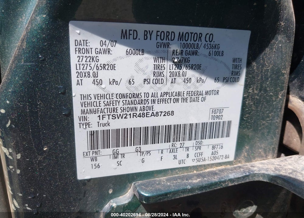 2008 HARLEY-DAVIDSON FORD F-250 FX4//KING RANCH/LARIAT/XL/XLT VIN: 1FTSW21R48EA87268