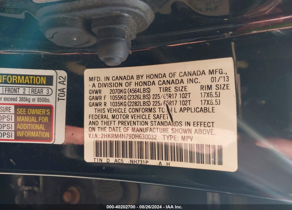 2013 HONDA CR-V EX-L VIN: 2HKRM4H79DH630032