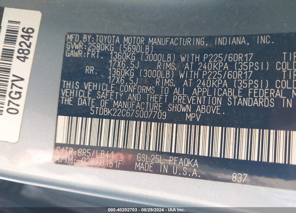 2007 TOYOTA SIENNA XLE VIN: 5TDBK22C67S007709