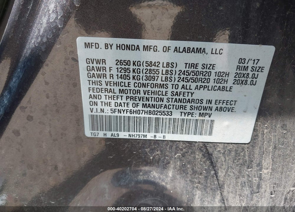 2017 HONDA PILOT ELITE VIN: 5FNYF6H07HB025533
