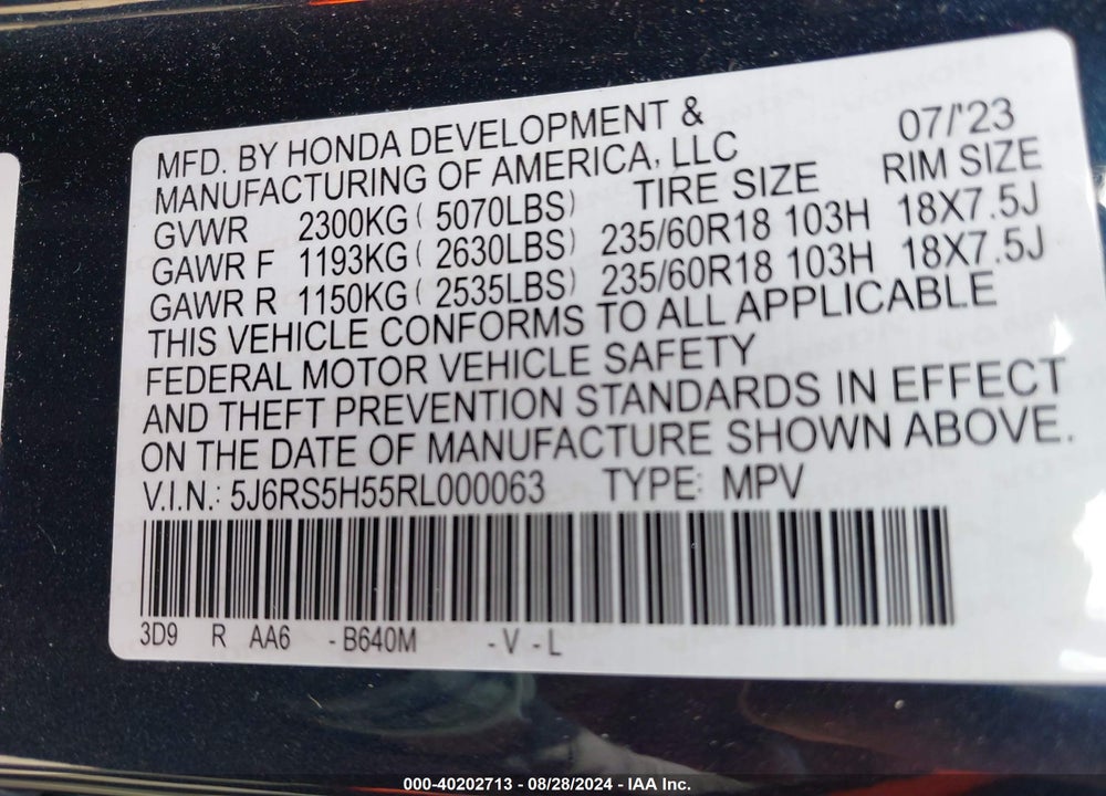 2024 HONDA CR-V HYBRID SPORT VIN: 5J6RS5H55RL000063