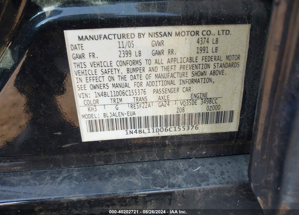 2006 NISSAN ALTIMA 3.5 SE-R VIN: 1N4BL11D06C155376