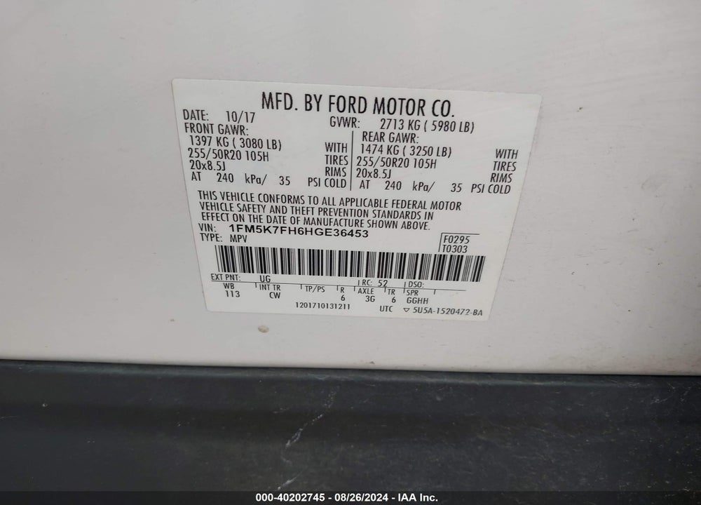 2017 FORD EXPLORER LIMITED VIN: 1FM5K7FH6HGE36453