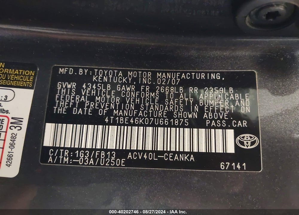 2007 TOYOTA CAMRY LE VIN: 4T1BE46K07U661875