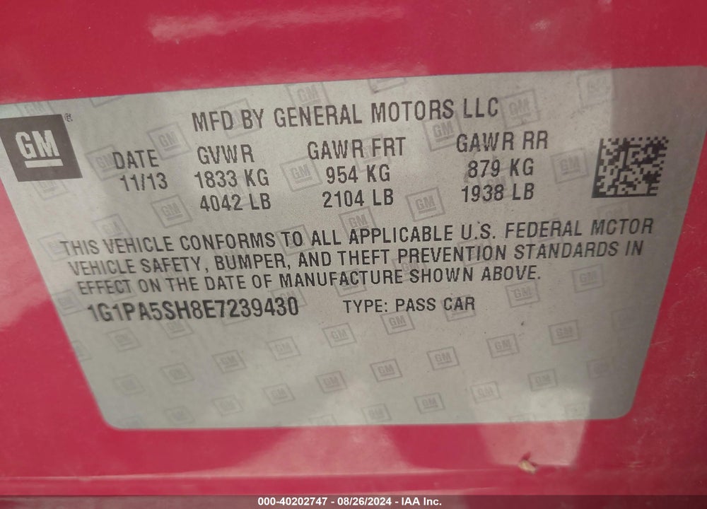 2014 CHEVROLET CRUZE LS AUTO VIN: 1G1PA5SH8E7239430