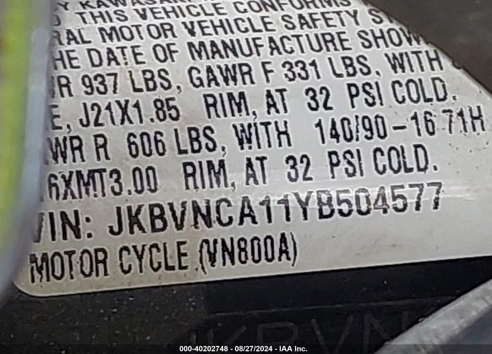 2000 KAWASAKI VN800 VIN: JKBVNCA11YB504577