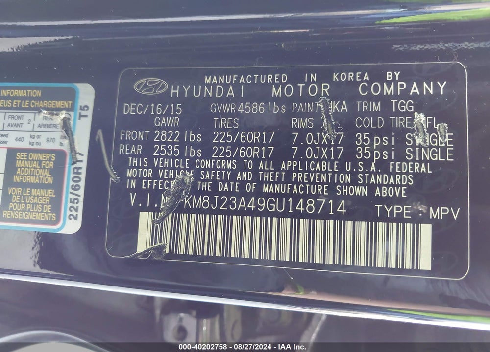 2016 HYUNDAI TUCSON SE VIN: KM8J23A49GU148714