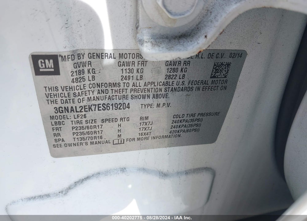 2014 CHEVROLET CAPTIVA SPORT 2LS VIN: 3GNAL2EK7ES619204