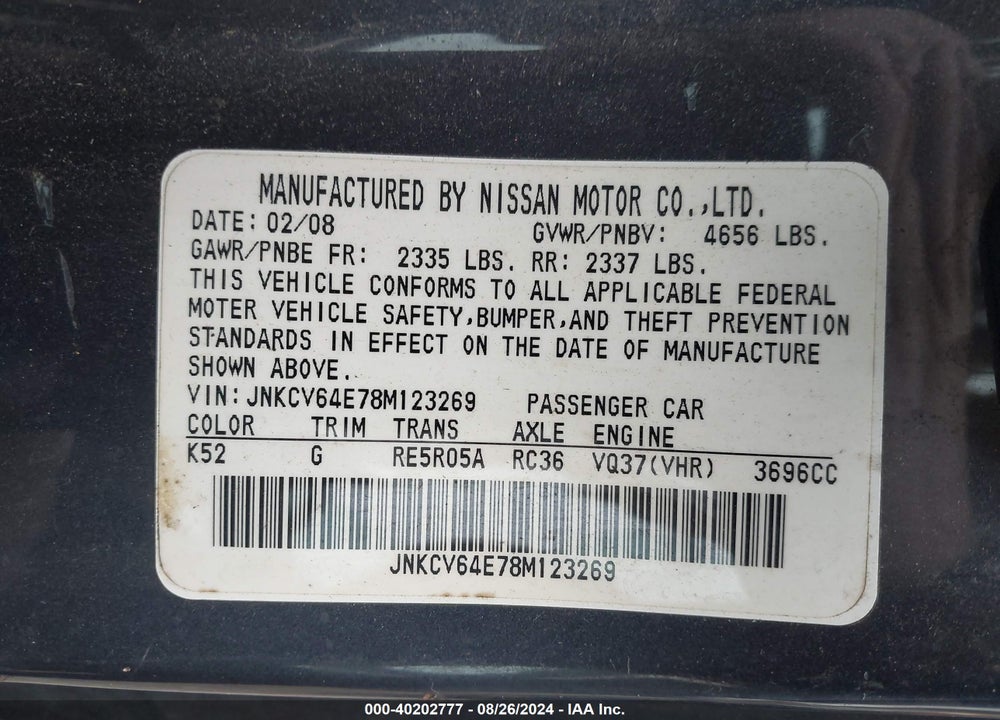 2008 INFINITI G37 JOURNEY VIN: JNKCV64E78M123269