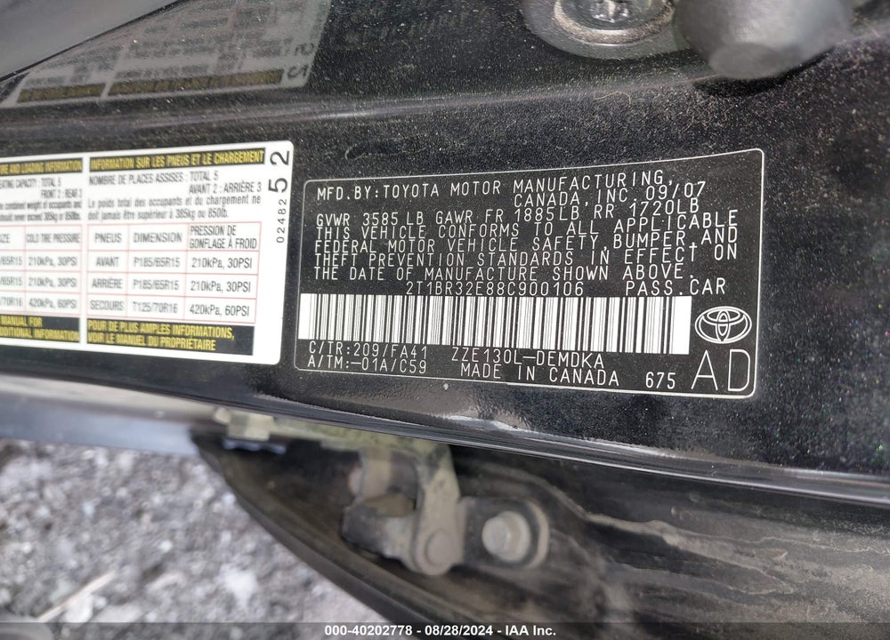2008 TOYOTA COROLLA CE VIN: 2T1BR32E88C900106