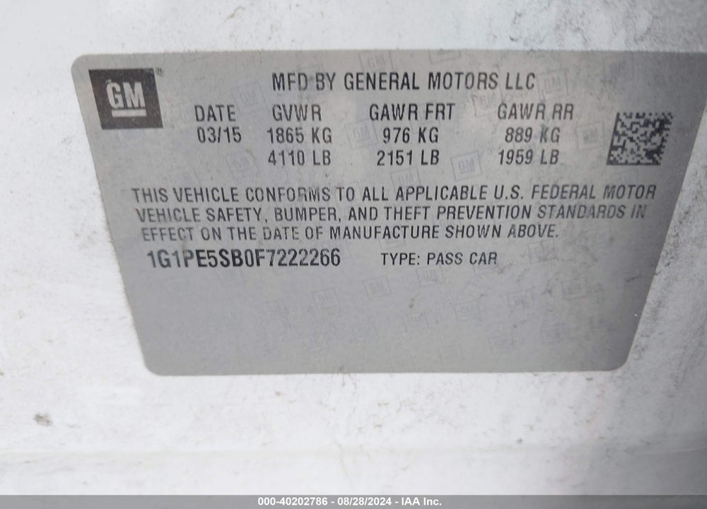 2015 CHEVROLET CRUZE 2LT AUTO VIN: 1G1PE5SB0F7222266
