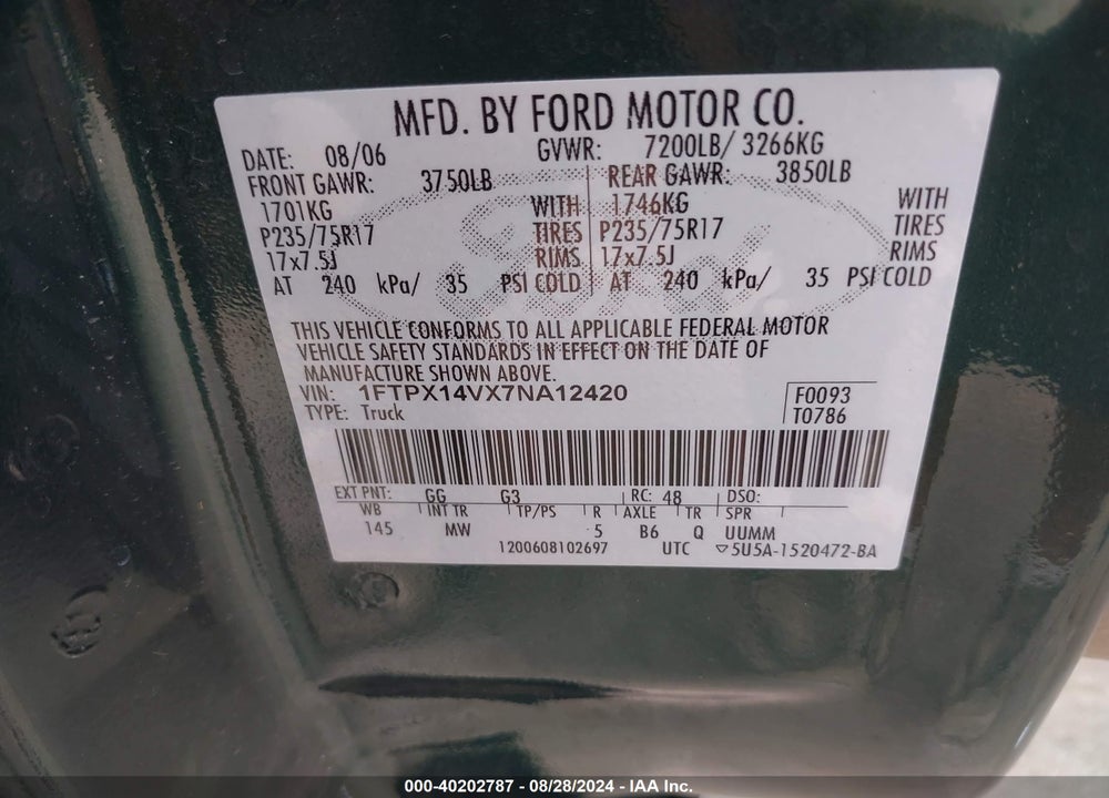 2007 FORD F-150 FX4/LARIAT/XL/XLT VIN: 1FTPX14VX7NA12420