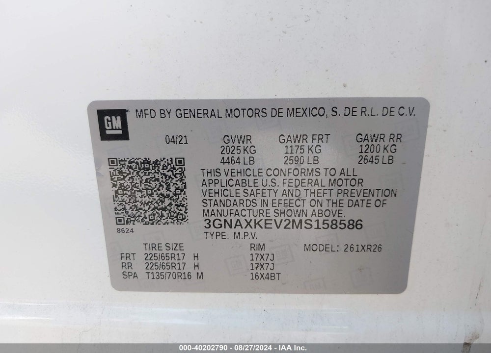2021 CHEVROLET EQUINOX FWD LT VIN: 3GNAXKEV2MS158586