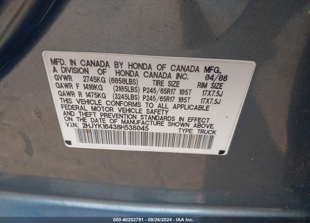 2008 HONDA RIDGELINE RTS VIN: 2HJYK16438H538045