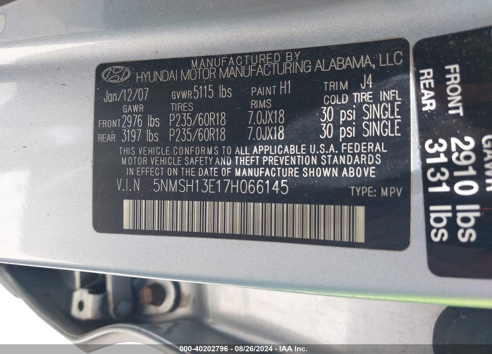 2007 HYUNDAI SANTA FE LIMITED/SE VIN: 5NMSH13E17H066145