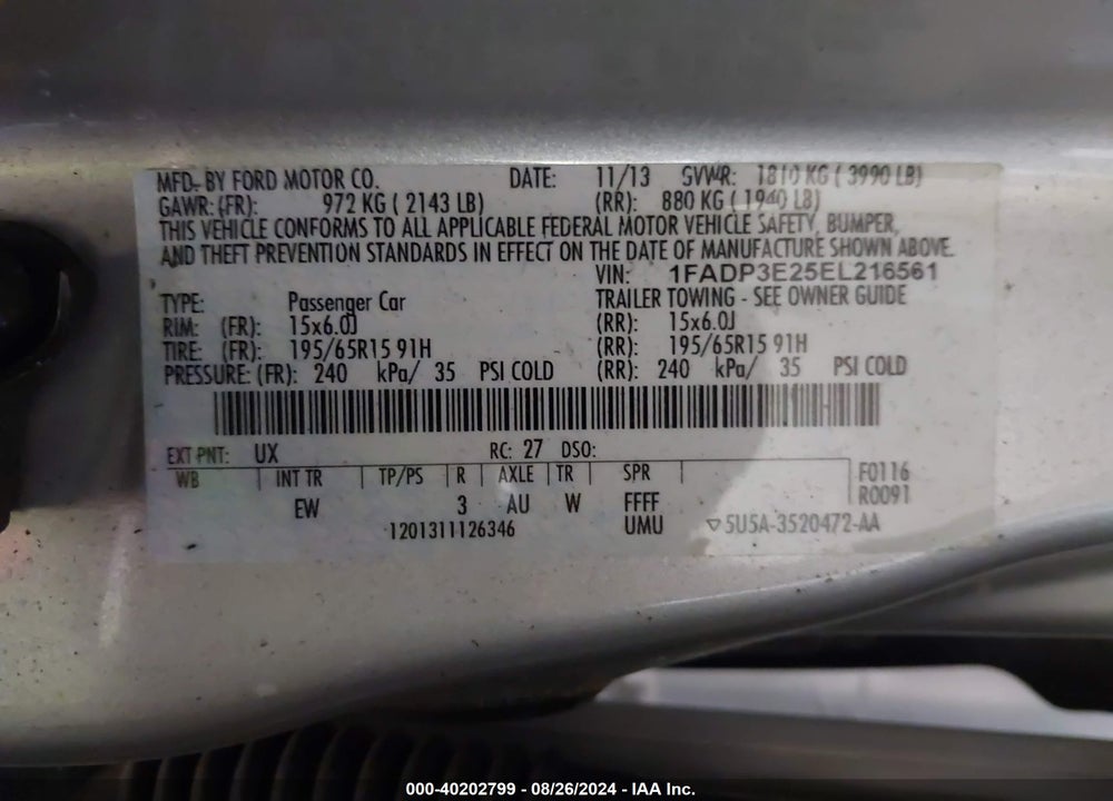 2014 FORD FOCUS S VIN: 1FADP3E25EL216561