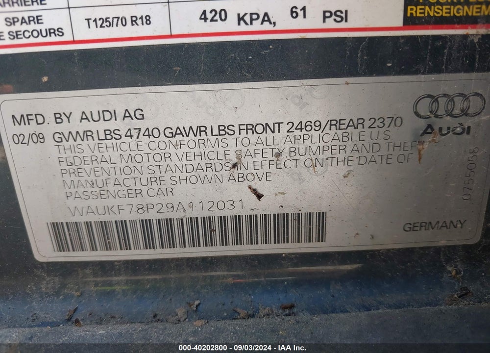 2009 AUDI A3 2.0T VIN: WAUKF78P29A112031
