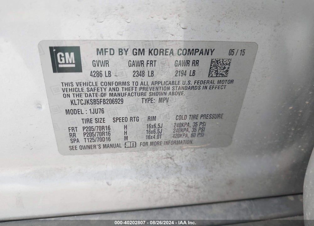 2015 CHEVROLET TRAX 1LS VIN: KL7CJKSB5FB206929