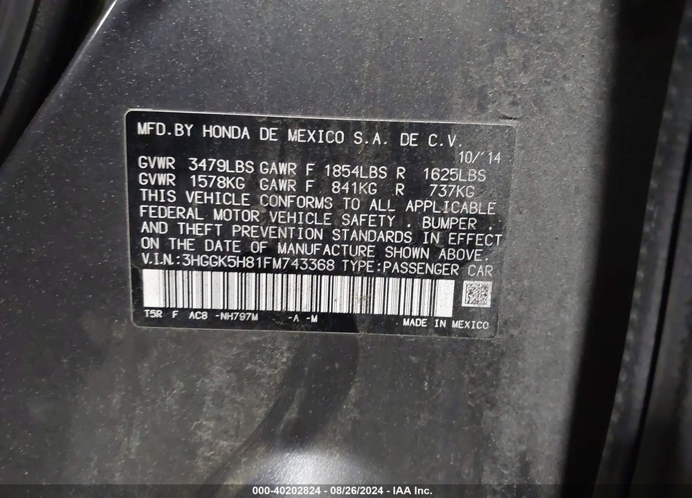 2015 HONDA FIT VIN: 3HGGK5H81FM743368