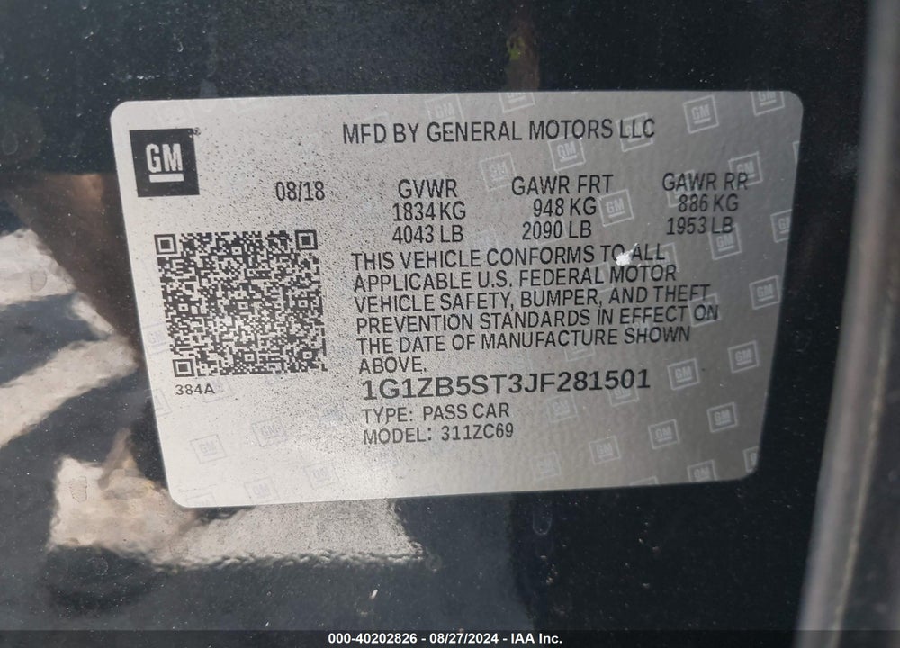 2018 CHEVROLET MALIBU 1LS VIN: 1G1ZB5ST3JF281501