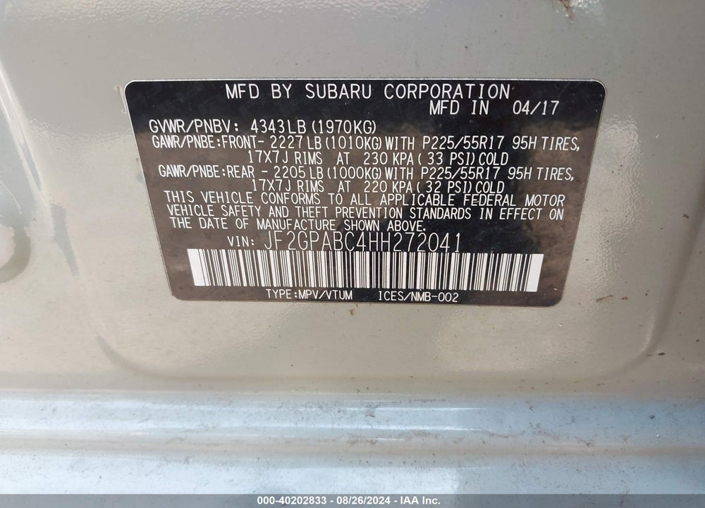 2017 SUBARU CROSSTREK 2.0I PREMIUM VIN: JF2GPABC4HH272041