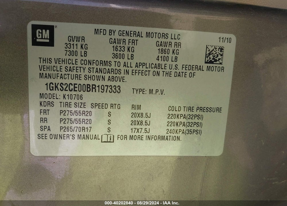 2011 GMC YUKON SLT VIN: 1GKS2CE00BR197333