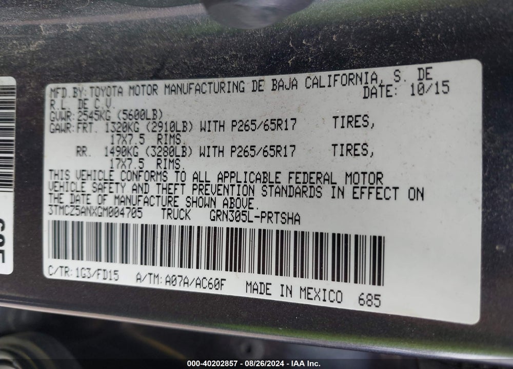 2016 TOYOTA TACOMA TRD SPORT VIN: 3TMCZ5ANXGM004705