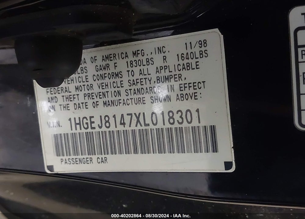 1999 HONDA CIVIC EX VIN: 1HGEJ8147XL018301